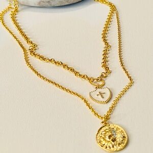 Double layers chain necklace. Layering necklace, cross lion head charms